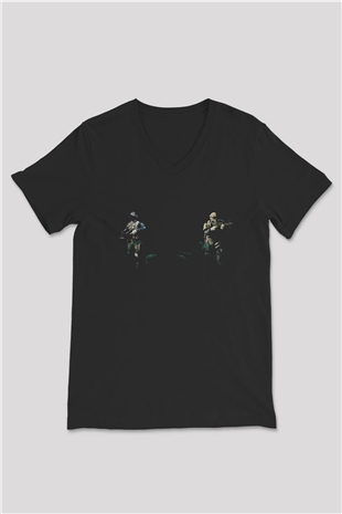 Escape From Tarkov Baskılı Unisex Siyah V Yaka Tişört - Tshirt