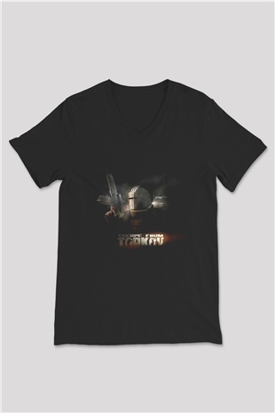 Escape From Tarkov Baskılı Unisex Siyah V Yaka Tişört - Tshirt