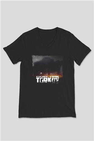 Escape From Tarkov Baskılı Unisex Siyah V Yaka Tişört - Tshirt