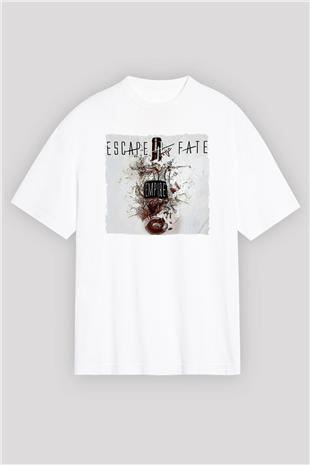 Escape the fate Baskılı Beyaz Unisex Oversize Tişört - Tshirt