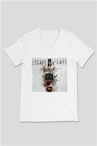 Escape the fate Baskılı Beyaz Unisex V Yaka Tişört - Tshirt