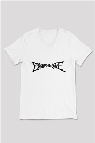 Escape the fate Baskılı Beyaz Unisex V Yaka Tişört - Tshirt