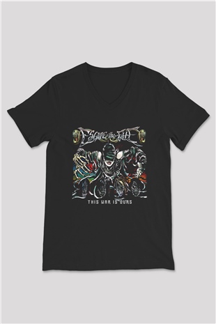 Escape the fate Baskılı Unisex Siyah V Yaka Tişört - Tshirt