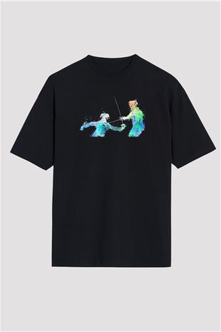 Eskrim - Fencing Baskılı Unisex Siyah Oversize Tişört