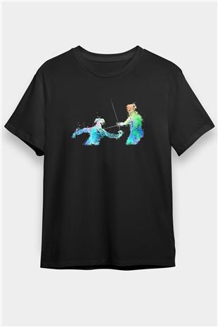 Eskrim - Fencing Baskılı Unisex Siyah Tişört - Tshirt