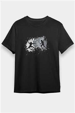 Eskrim - Fencing Baskılı Unisex Siyah Tişört - Tshirt