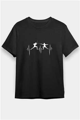 Eskrim - Fencing Baskılı Unisex Siyah Tişört - Tshirt