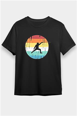 Eskrim - Fencing Baskılı Unisex Siyah Tişört - Tshirt