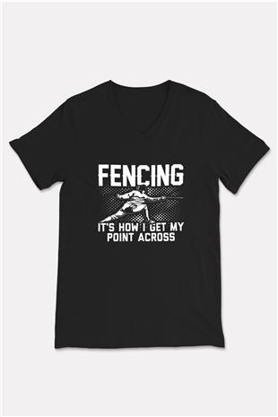 Eskrim - Fencing Baskılı Unisex Siyah V Yaka Tişört