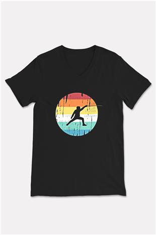 Eskrim - Fencing Baskılı Unisex Siyah V Yaka Tişört