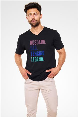 Eskrim - Fencing Baskılı Unisex Siyah V Yaka Tişört