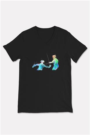 Eskrim - Fencing Baskılı Unisex Siyah V Yaka Tişört
