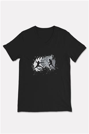 Eskrim - Fencing Baskılı Unisex Siyah V Yaka Tişört