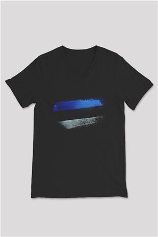 Estonya - Estonia Bayrağı Baskılı Unisex Siyah V Yaka Tişört