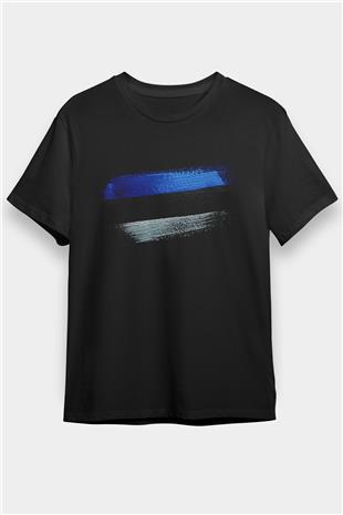Estonya - Estonia Bayrağı Baskılı Unisex Siyah Tişört