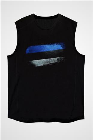 Estonya - Estonia Bayrağı Baskılı Unisex Siyah Kolsuz Tişört