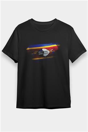 Esvatini - Eswatini - Swaziland Bayrağı Baskılı Unisex Siyah Tişört