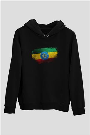 Etiyopya - Ethiopia Bayrağı Baskılı Unisex Siyah Hoodie