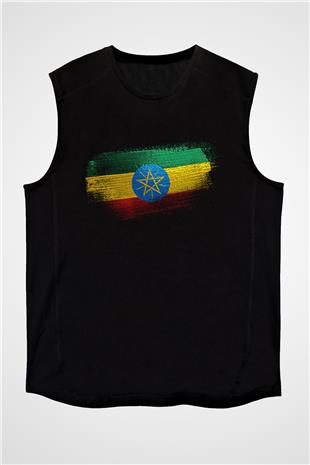 Etiyopya - Ethiopia Bayrağı Baskılı Unisex Siyah Kolsuz Tişört