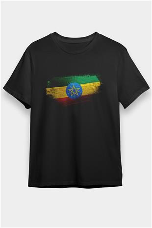 Etiyopya - Ethiopia Bayrağı Baskılı Unisex Siyah Tişört