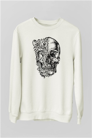 Etnik Desenli Kurukafa Baskılı Beyaz  Sweatshirt