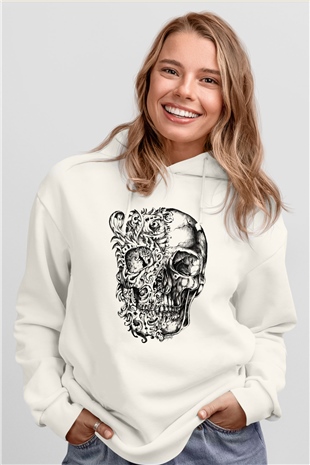 Etnik Desenli Kurukafa Beyaz  Unisex Hoodie
