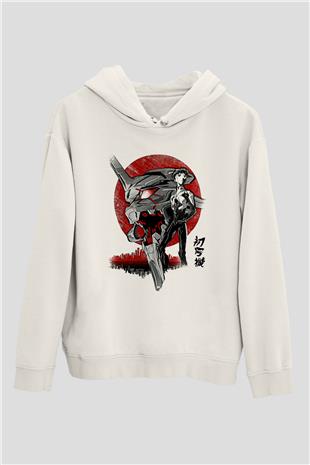 Evangelion Baskılı Beyaz Unisex Hoodie