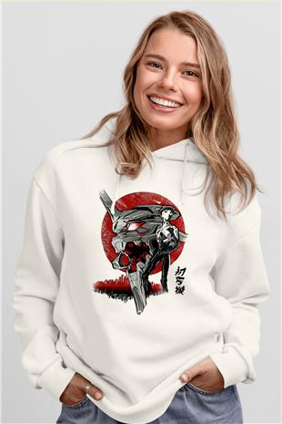 Evangelion Baskılı Beyaz Unisex Hoodie
