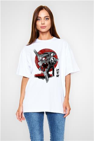 Evangelion Baskılı Beyaz Unisex Oversize Tişört - Tshirt