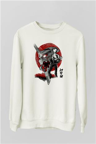 Evangelion Baskılı Beyaz Unisex Sweatshirt