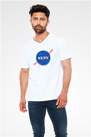 Evangelion Baskılı Beyaz Unisex V Yaka Tişört - Tshirt