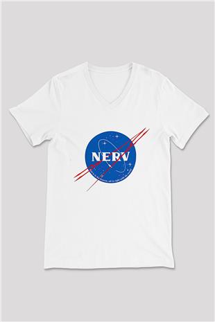 Evangelion Baskılı Beyaz Unisex V Yaka Tişört - Tshirt