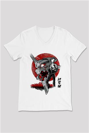Evangelion Baskılı Beyaz Unisex V Yaka Tişört - Tshirt