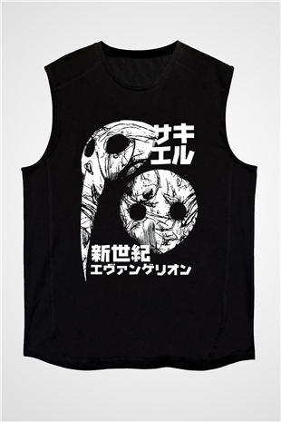 Evangelion Baskılı Unisex Siyah Kolsuz Tişört - Tshirt