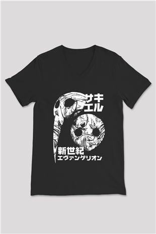 Evangelion Baskılı Unisex Siyah V Yaka Tişört - Tshirt