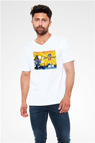Evel Knievel Beyaz Unisex  V Yaka Tişört