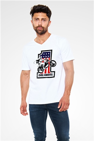 Evel Knievel Beyaz Unisex  V Yaka Tişört