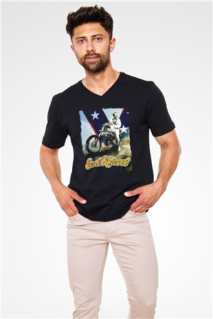 Evel Knievel Siyah Unisex  V Yaka Tişört