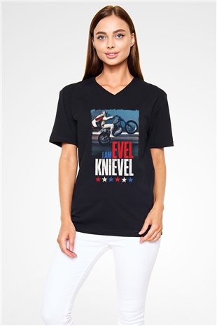 Evel Knievel Siyah Unisex  V Yaka Tişört