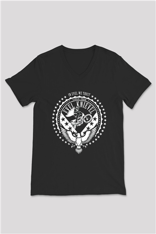 Evel Knievel Siyah Unisex  V Yaka Tişört
