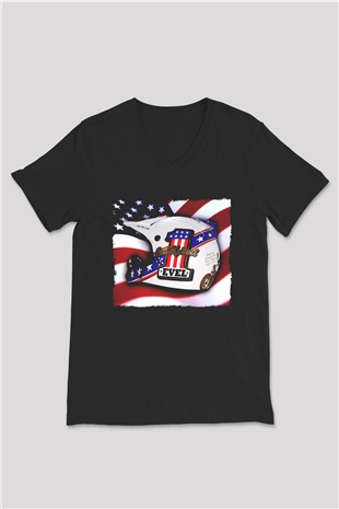 Evel Knievel Siyah Unisex  V Yaka Tişört