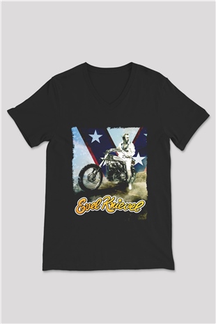 Evel Knievel Siyah Unisex  V Yaka Tişört