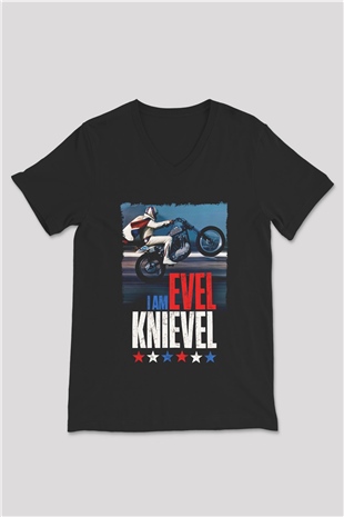 Evel Knievel Siyah Unisex  V Yaka Tişört