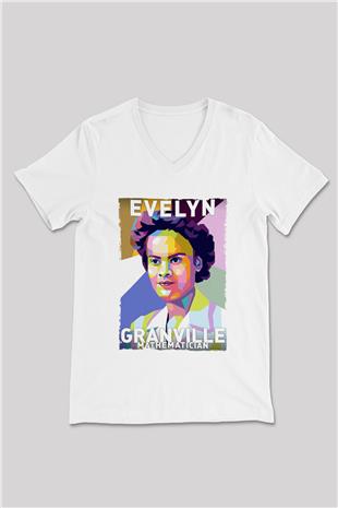 Evelyn Granville Baskılı Unisex V Yaka Beyaz Tişört - Tshirt