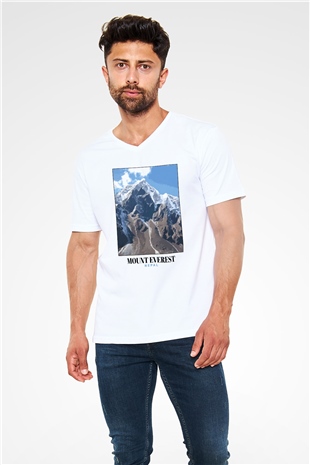 Everest Beyaz Unisex V Yaka Tişört