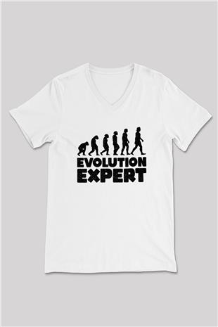Evrim Biyoloji Baskılı Unisex V Yaka Beyaz Tişört - Tshirt