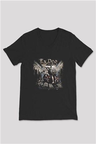 Ex Deo Baskılı Unisex Siyah V Yaka Tişört