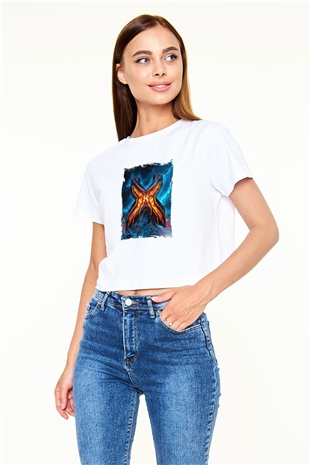 Excision Baskılı Beyaz Kadın Crop Top Tişört