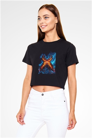Excision Baskılı Crop Top Siyah Kadın Tişört