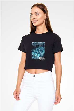 Excision Baskılı Crop Top Siyah Kadın Tişört